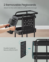 SONGMICS 3-Tier Storage Cart, Rolling Utility Cart, Metal Mesh Shelves, 2 Removable Pegboards, 2 Hanging Holders, 4 Hooks, Craft Cart for Living Room, Kitchen, Office, Bathroom, Ink Black ULRC037B01 SONGMICS