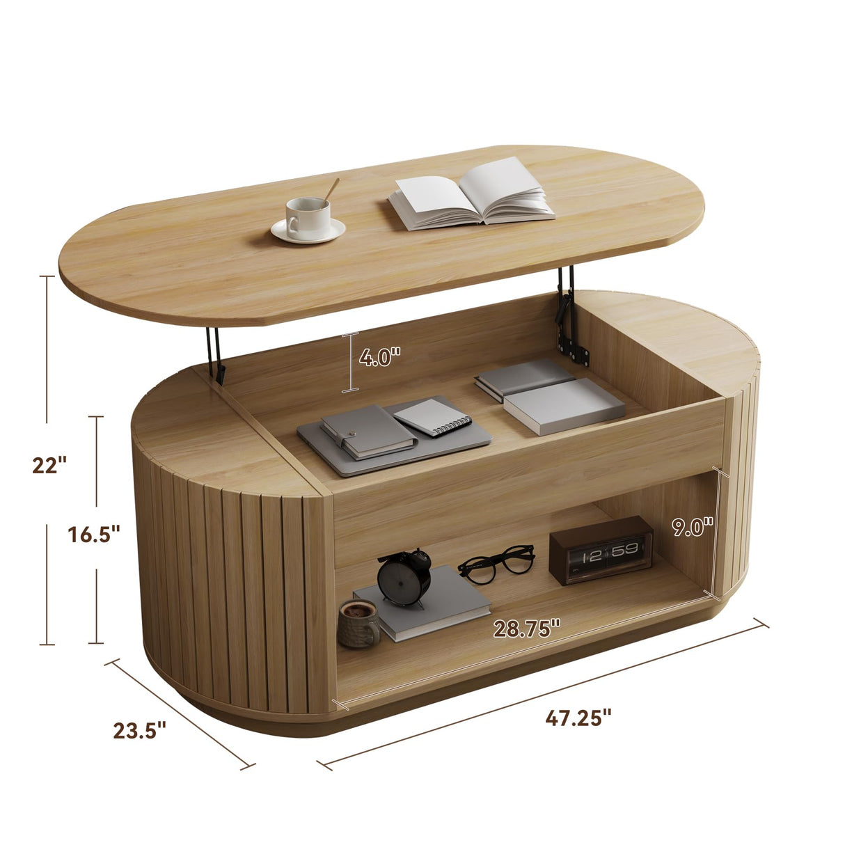 47-Inch Oval Lift Top Coffee Table with Storage Shelf for Living Room, Large Wooden Fluted Modern Center Table with 2 Tier Shelf, Modern Tea Tables with Hidden Compartment for Bedroom, Light Oak Epecoya