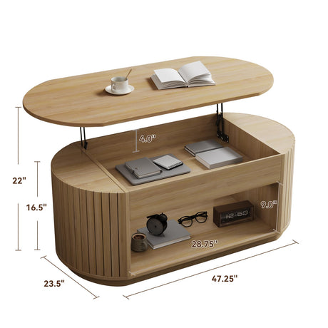47-Inch Oval Lift Top Coffee Table with Storage Shelf for Living Room, Large Wooden Fluted Modern Center Table with 2 Tier Shelf, Modern Tea Tables with Hidden Compartment for Bedroom, Light Oak Epecoya