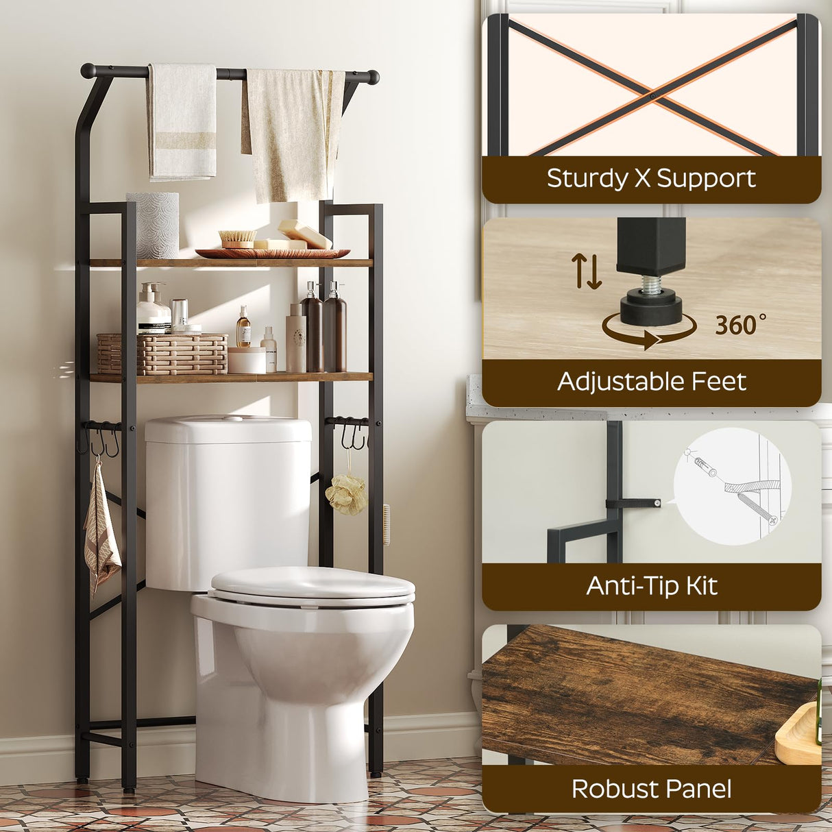 YATINEY Over The Toilet Storage, 2-Tier Bathroom Organizer Shelves with Hooks, Multifunctional Vertical The Toilet Shelf Storage Rack for Bathroom, Rustic Brown and Black TR01BR YATINEY