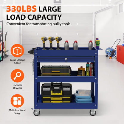 3-Tier Heavy Duty Utility Cart on Wheels, Rolling Tool Cart on Wheels with a Drawer, 350 Lbs Load Capacity Rolling Tool Storage Organizer for Garage, Warehouse and Repair Shop(Dark Blue)