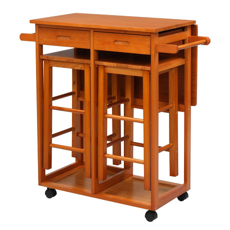 FCH Kitchen Island Trolley Cart with 2 Square Stools and 2 Drawers Solid Wood Drop Leaf Table Easy Put Together FCH