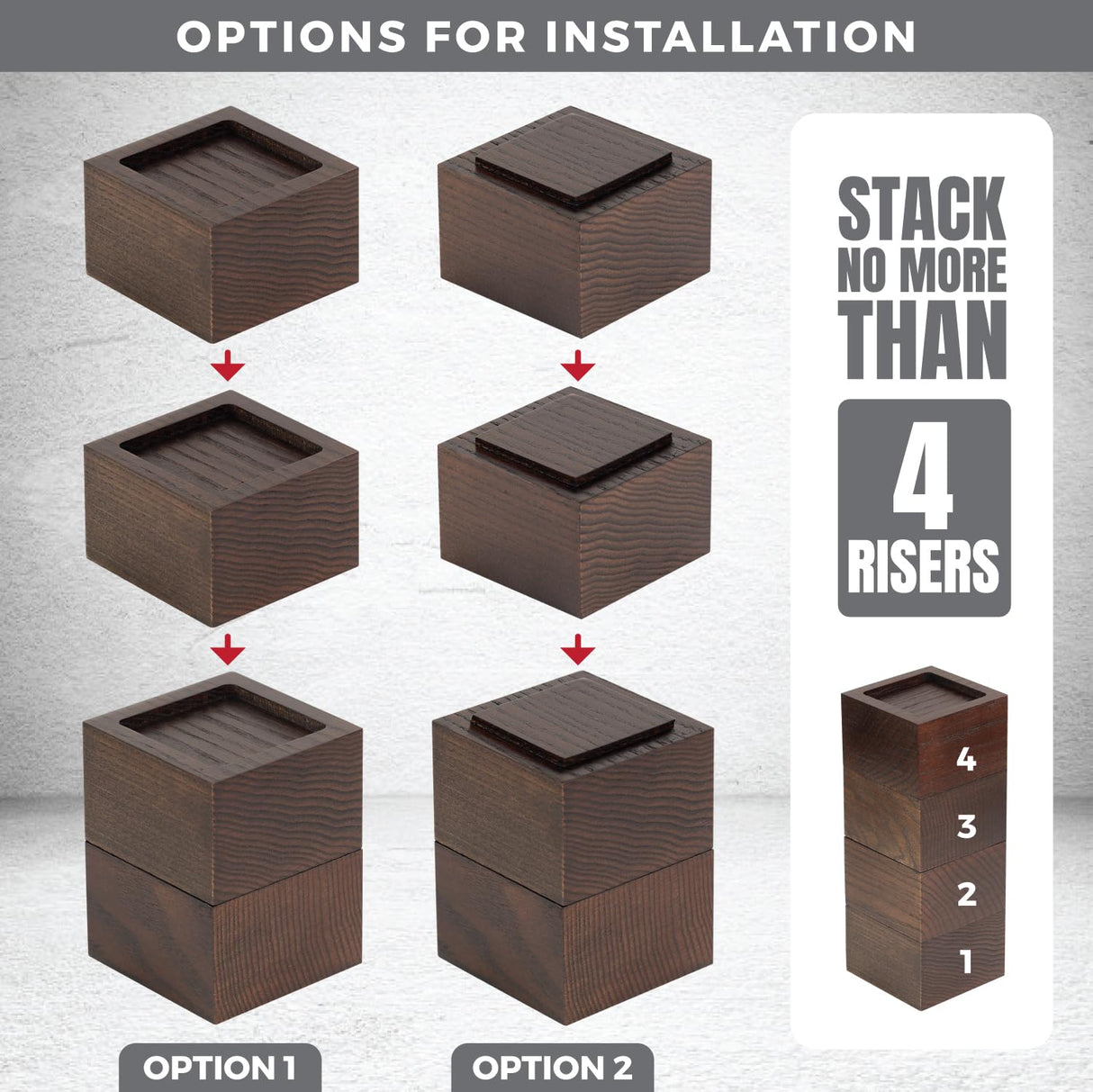 FASONLA Bed Risers (Set of 4) Furniture Risers Lifts Height 2", Oak Solid Wood Risers for Bed, Furniture, Table, Sofa, Chair Risers with Non-Slip Recessed Hole (4pcs-2" Hight-Walnut Color) FASONLA