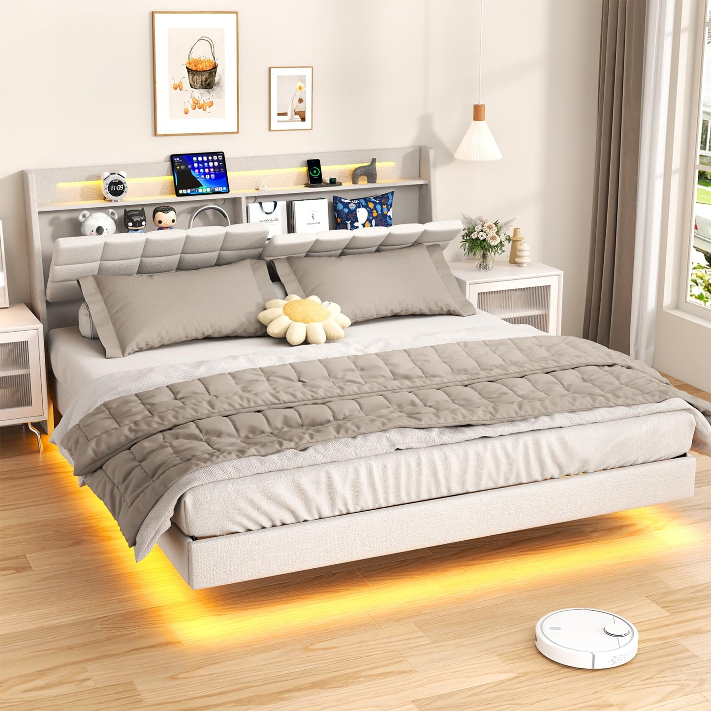 Zevemomo Floating King Bed Frame with Storage Headboard, Upholstered Platform Floating Bed Frame King with LED Lights, Charging Station with USB Ports, Noiseless, White