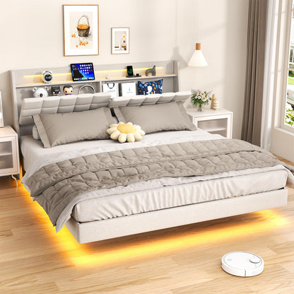 Zevemomo Floating King Bed Frame with Storage Headboard, Upholstered Platform Floating Bed Frame King with LED Lights, Charging Station with USB Ports, Noiseless, White