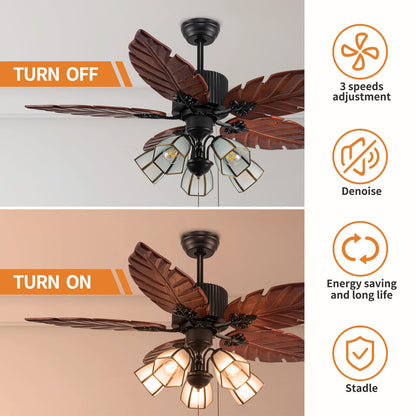 52'' Tropical Ceiling Fan with Remote Palm Wooden Leaf Ceiling Fan with 5 Glass Lampshade and Hand-Carved Reversible Blades for Indoor/Outdoor Living Room Bedroom Kitchen by Akronfire - WoodArtSupply