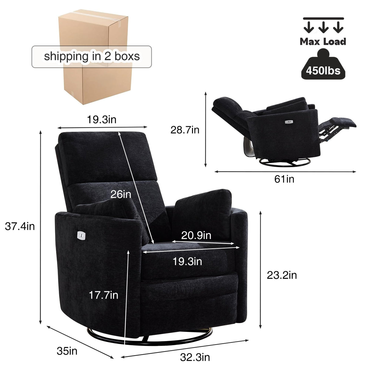 Recliner Swivel Glider Electric Rocking Chair with USB Port,Multifunction Upholstered Power Recliner Rocking Chair for Living Room Bedroom Nursery Adult with 2 Pillows(Black, Power-Driven) choairy