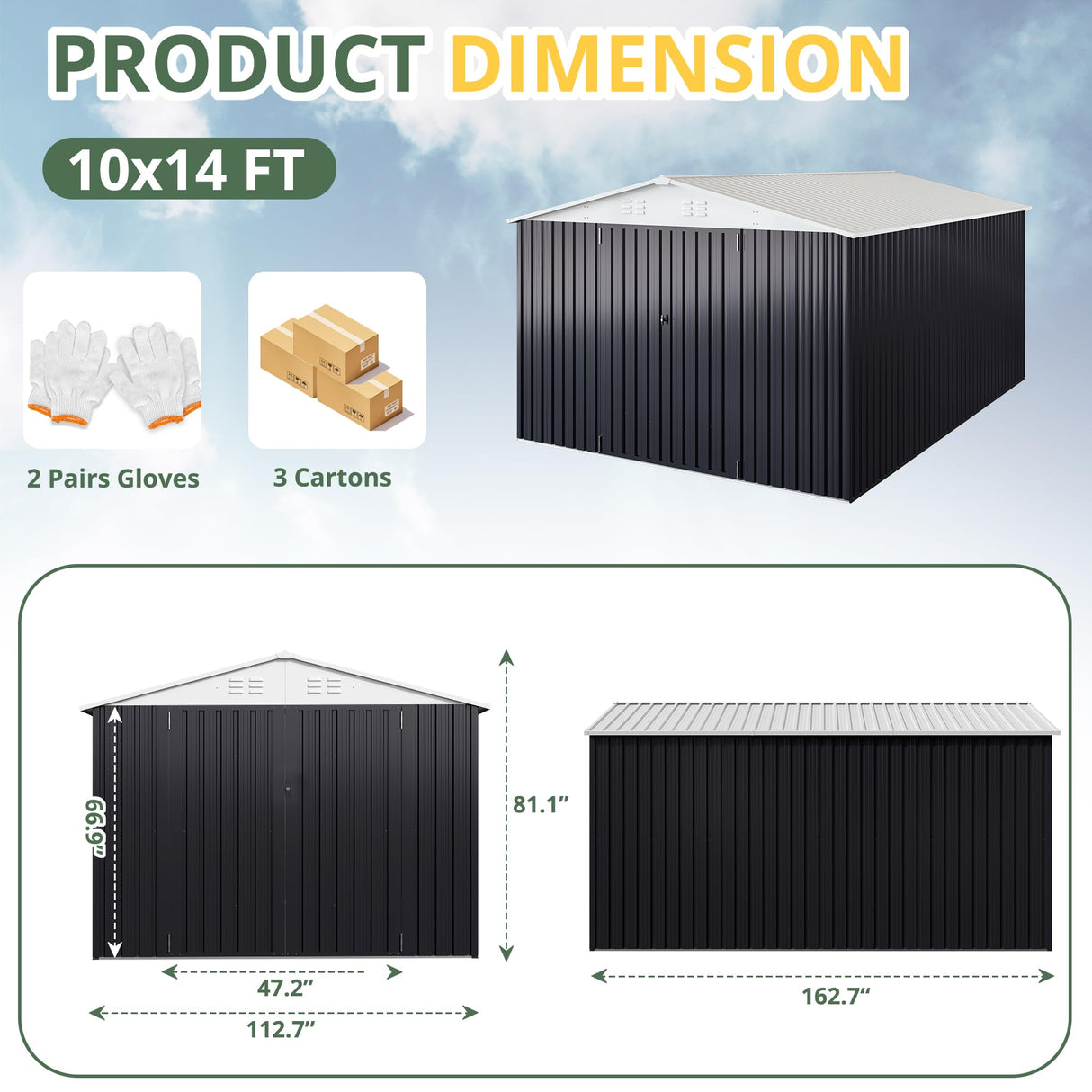 VIWAT 10x14 Outdoor Storage Shed, Garden Shed with Updated Frame Structure and Lockable Doors, Metal Tool Sheds for Backyard Garden Patio Lawn, White VIWAT