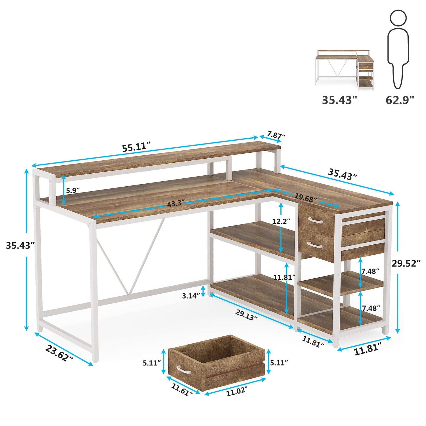 Tribesigns 55-Inch Reversible L-Shaped Desk with Drawers and Storage Shelves in Oak - WoodArtSupply