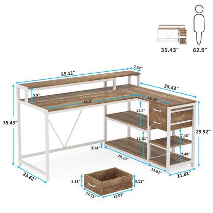 Tribesigns 55-inch L Shaped Desk with Drawer and Storage Shelves - Rustic Oak Corner Home Office Table - WoodArtSupply