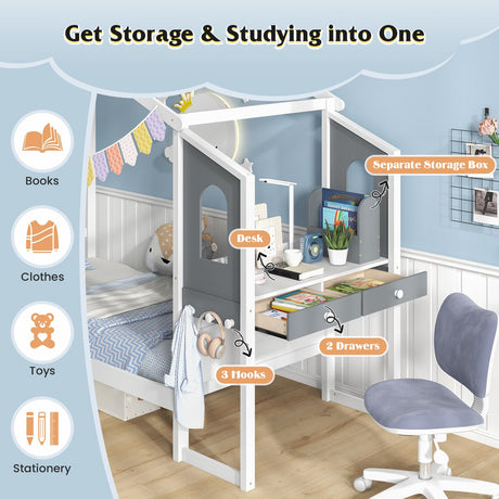 KOMFOTT Twin House Bed with Desk, Wood Montessori Bed Frame with House Roof Canopy, 2 Drawers, Modern Playhouse Bed with Fence for Kids, Teens, Girls & Boys, No Box Spring Needed, White & Gray KOMFOTT