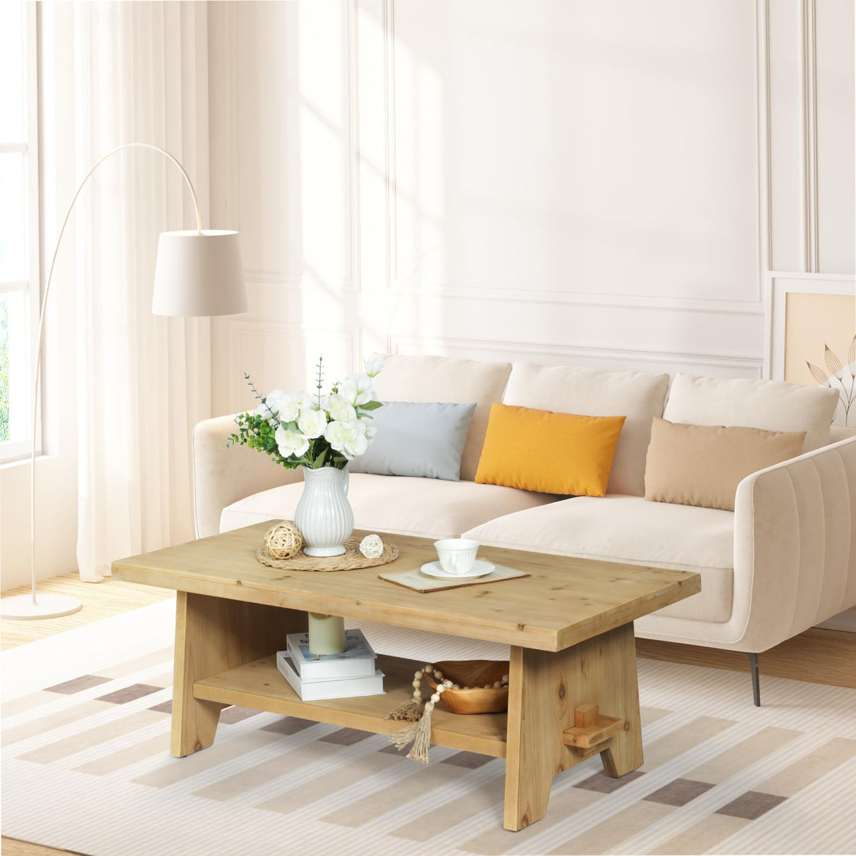 HOKYHOKY Farmhouse Wood Coffee Table - 43.4” Mid Century Modern Wooden Coffee Tables for Living Room, Solid Firwood Tabletop Rectangle Coffee Table, Center Table for Living Room, Natural Wood Color HOKYHOKY