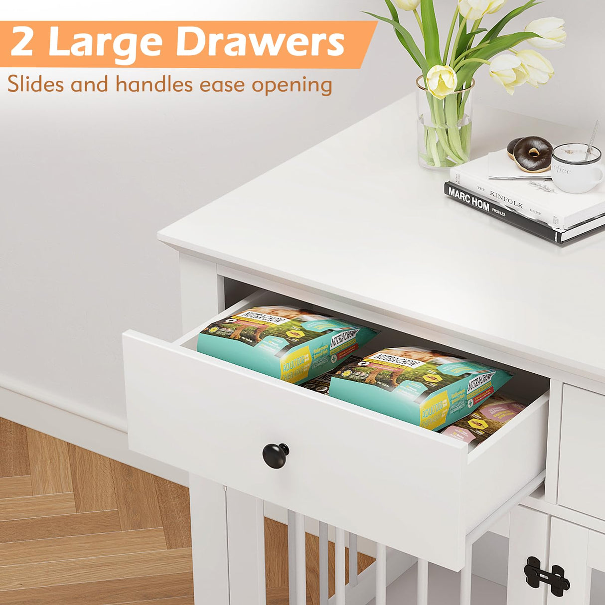 Dog Crate Furniture, 44 Inch Wooden Dog Kennel Furniture Indoor with 2 Storage Drawers, Heavy Duty Large Dogs Crate Furniture, Cage & House Furniture for Small Medium Large Dogs, White VENDORZ