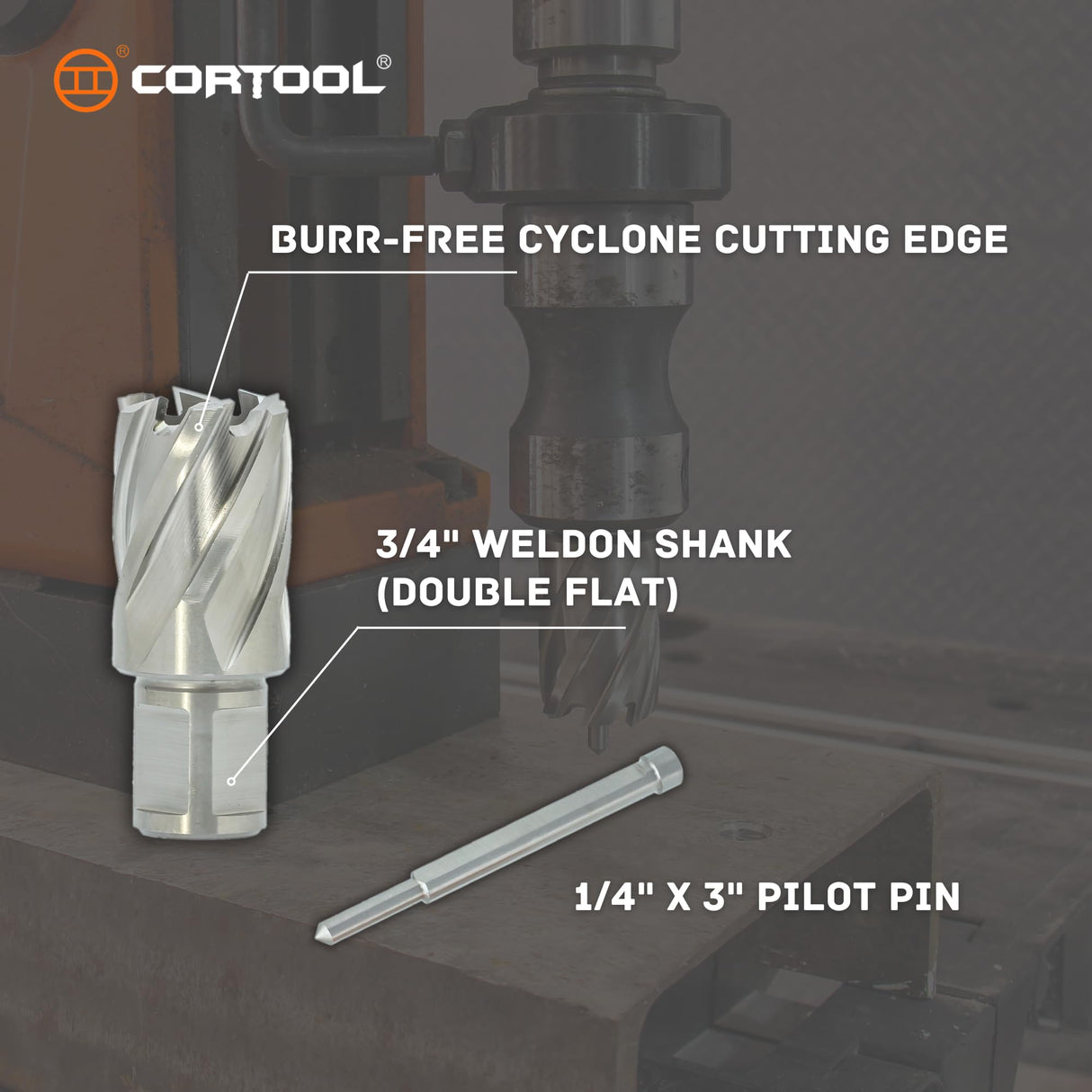 CORTOOL Annular Cutters 1/2 Cutting Diameter 3/4 Inch Weldon Shank Two-Flat, 1 Cutting Depth Inch HSS M2 Slugger Bits for Mag Drill Press with Pilot Pin Cortool
