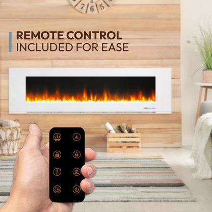 Cambridge 72 Inch Wall Mount Electric Fireplace Heater with Remote Control, Multicolor Flames, and Crystal Rock Display for Indoor Use in Living Room, Bedroom, Home Office, White