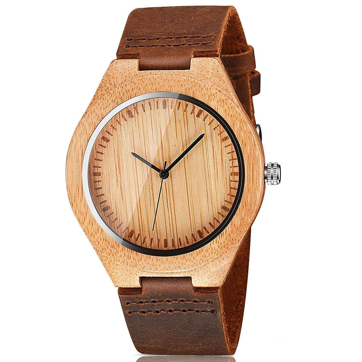 CUCOL Mens Wooden Watches Brown Cowhide Leather Strap Casual Watch for Groomsmen Gift with Box CUCOL