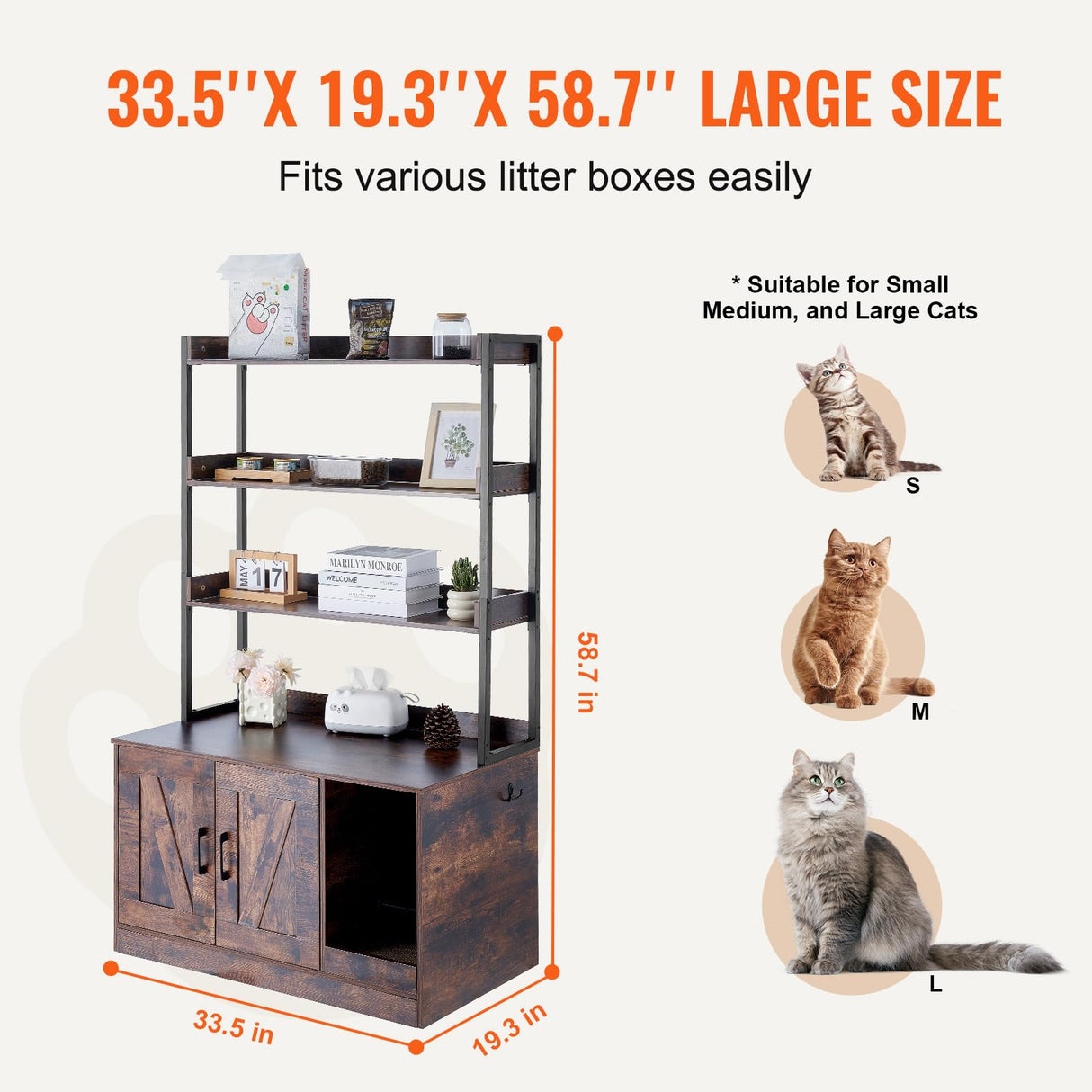 VEVOR Cat Litter Box Enclosure, Hidden Litter Box Furniture with 3 Storage Shelves, Wooden Cat Washroom Indoor, Large Cat House Cabinet Hidden Fit Most Litter Box, 33.5"L x 19.3"W x 58.7"H, Dark Brown VEVOR