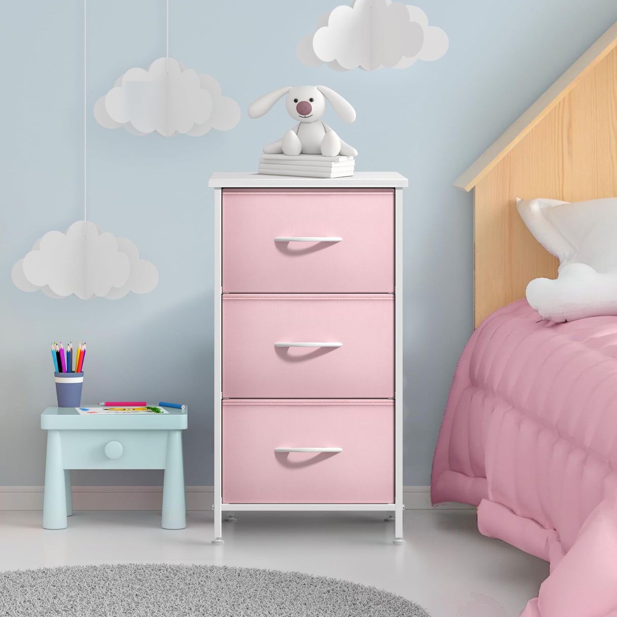 Sorbus Nightstand with 3 Drawers - Bedside Furniture & Accent End Table Chest for Home, Bedroom Accessories, Office, College Dorm, Steel Frame, Wood Top, Pastel Fabric Bins (Pink) Sorbus