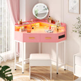 Cyclysio Corner Vanity Desk Without Mirror, Makeup Vanity Table with Lights & Power Outlets, Small Corner Vanity with Drawers for Bedroom,Small Spaces, Pink Cyclysio