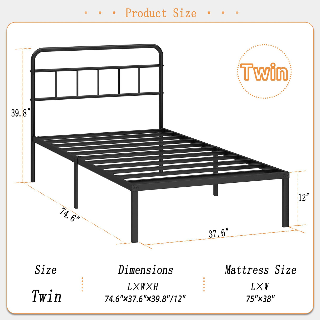 Kujielan 12 inches Twin Size Bed Frame with Minimalist headboard,Metal Platform Base with Strong Metal Slats,Mattress Foundation for Under Bed Storage,Easy Assembly,Black Kujielan