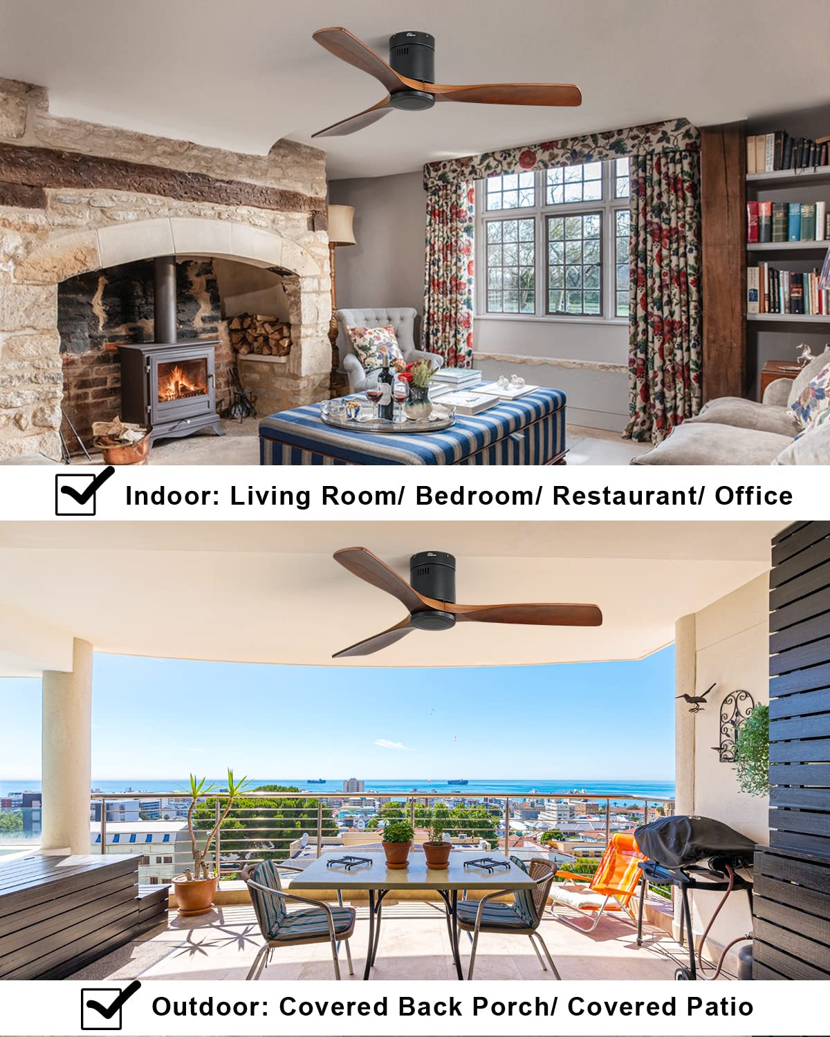 Sofucor Flush Mount Ceiling Fan Low Profile Ceiling Fan with Remote Control 52 Inch Outdoor Ceiling Fan 3 Reversible Walnut Wood Blades Noiseless DC Motor 6 Speed with Timer Sofucor