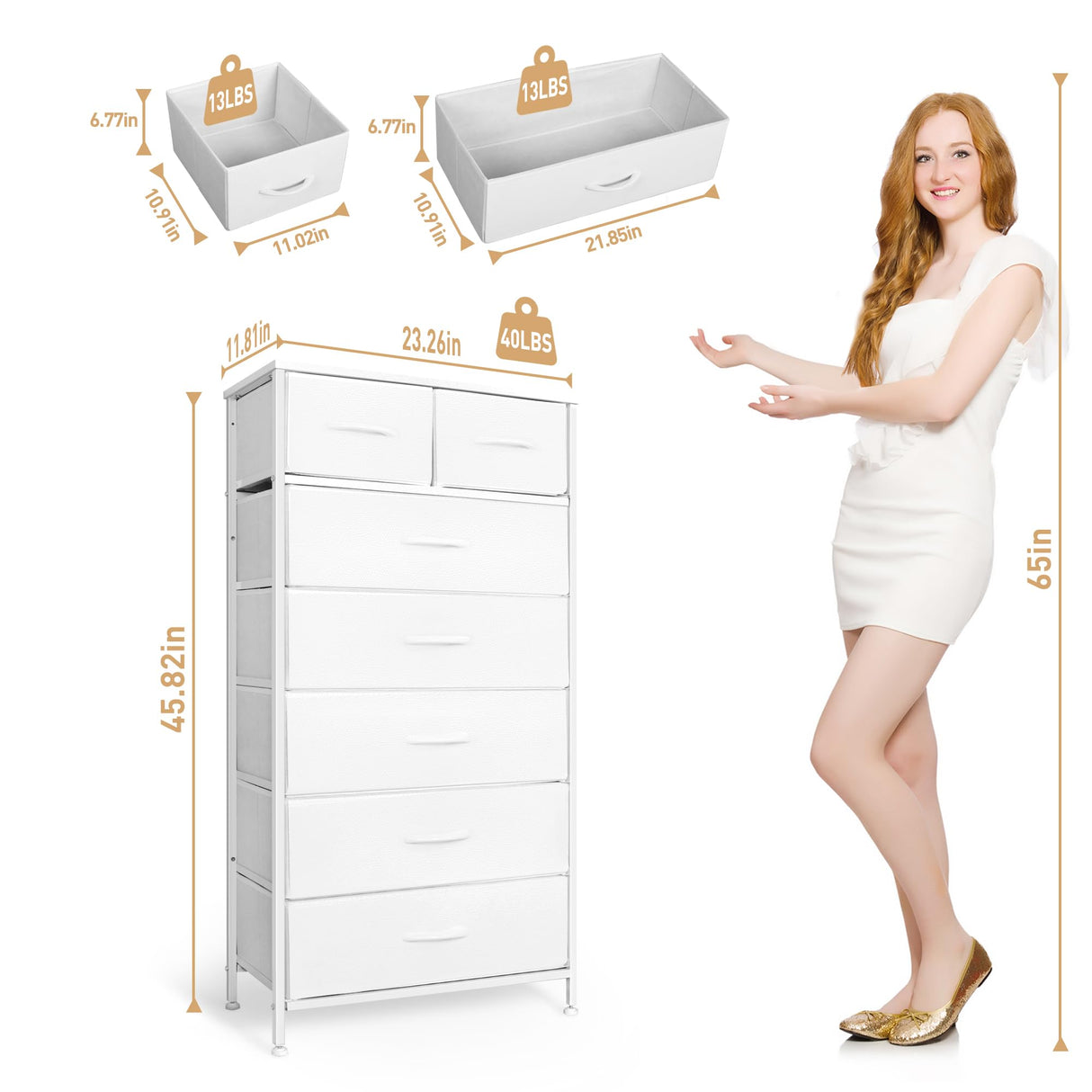 Mifuro Tall Dresser for Bedroom, Vertical Storage Organizer Tower with 7 Drawers, Chest of Drawers with Fabric Bins, Steel Frame, Wood Top for Bedroom, Closet, Entryway- White Mifuro