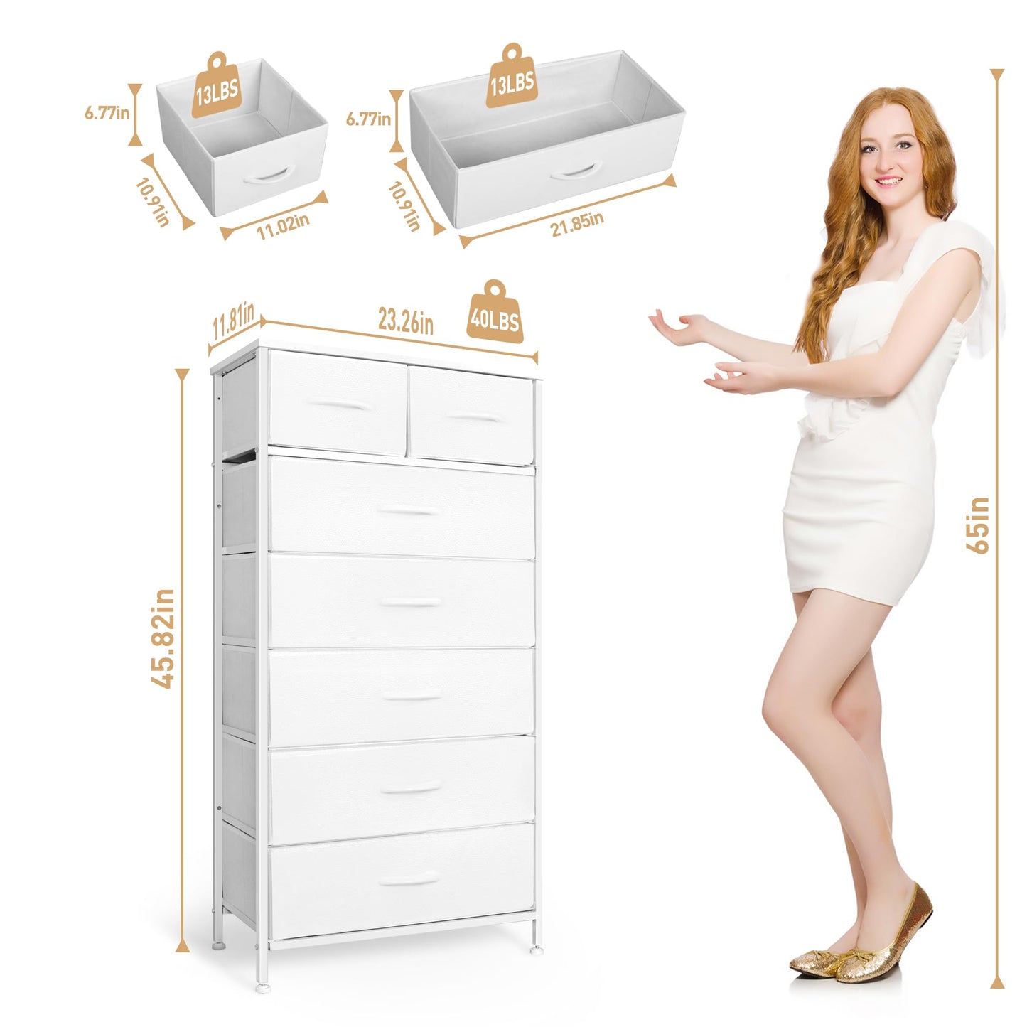 Mifuro Tall Dresser for Bedroom, Vertical Storage Organizer Tower with 7 Drawers, Chest of Drawers with Fabric Bins, Steel Frame, Wood Top for Bedroom, Closet, Entryway- White