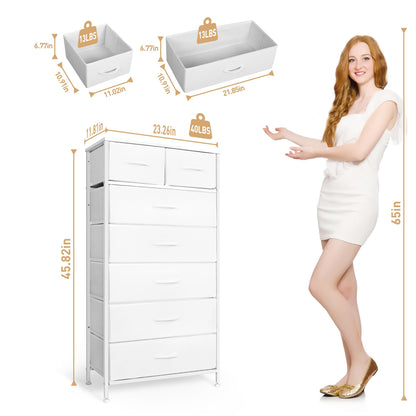 Mifuro Tall Dresser for Bedroom, Vertical Storage Organizer Tower with 7 Drawers, Chest of Drawers with Fabric Bins, Steel Frame, Wood Top for Bedroom, Closet, Entryway- White