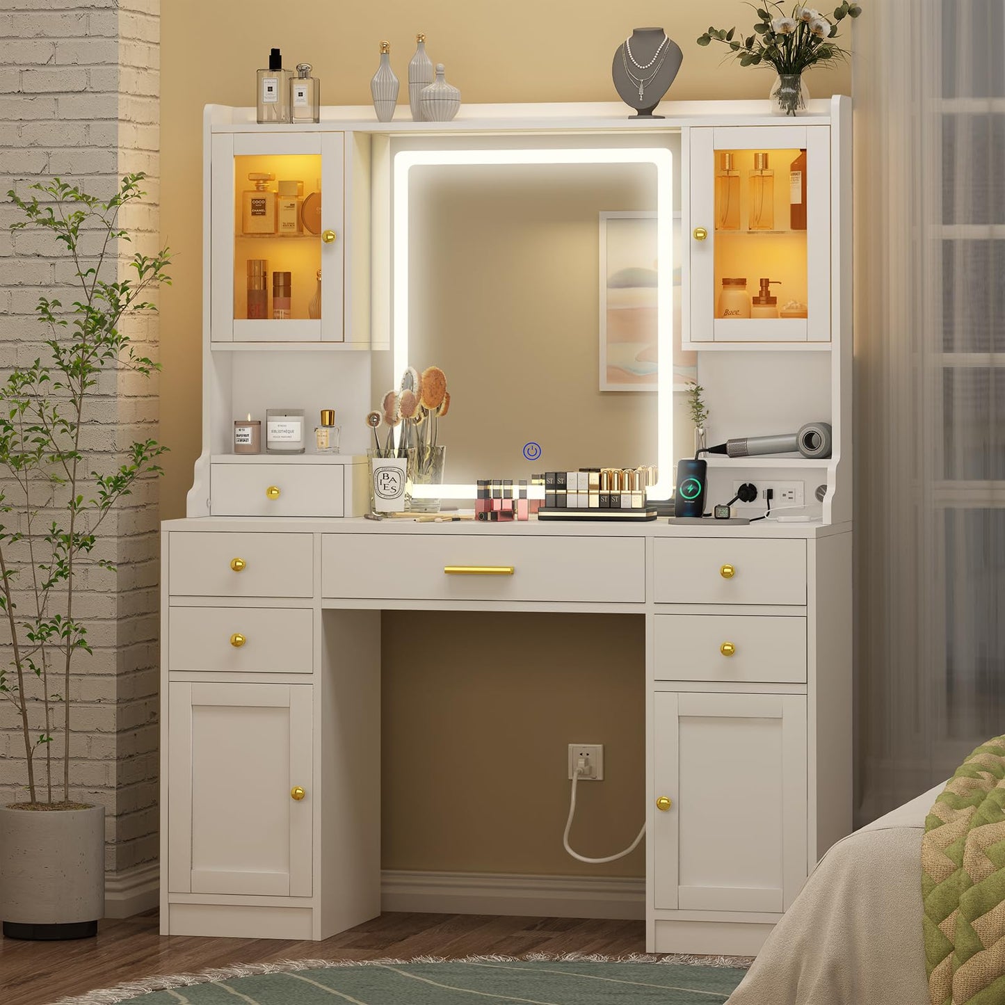 White Large Vanity Desk with Mirror,Lights and Charging Station,Make up Vanity Mirror with 3 Lights Mode and Brightness Adjusted by Touch Button and 6 Drawers,4 cabinets,2 cabinets with RGB L - WoodArtSupply