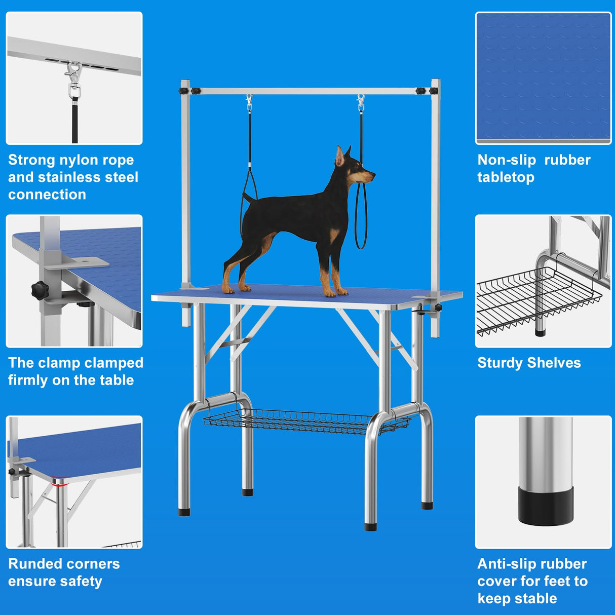 GarveeHome 36" Dog Grooming Table,Portable Trimming Table Drying Table,Foldable Home Pet Bathing Station with Adjustable Height Arm,Nooses, Mesh Tray Blue GarveeHome