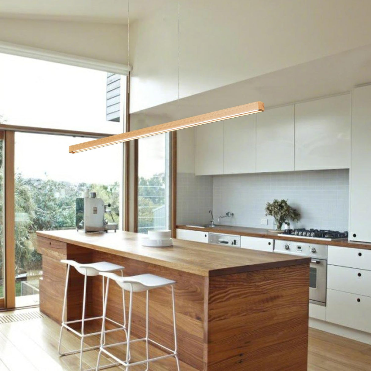 YISDESIGN 59" Natural Wood LED Linear Pendant Light Fixture 40W Led Dining Room Light Dimmable Hanging Light Fixture for Dining Room Kitchen Island Pool Table Lights Natural Wood Color YISDESIGN