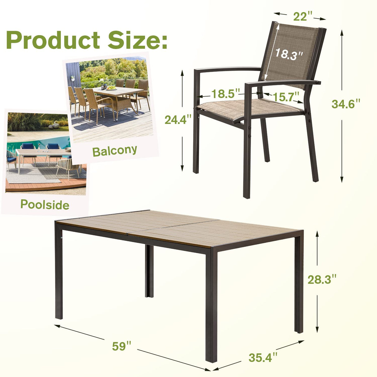 Homall 7 Pieces Patio Dining Set Outdoor Furniture with 6 Stackable Textilene Chairs and Large Table for Yard, Garden, Porch and Poolside, Beige Homall