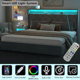 Loomie King Hydraulic Lift Bed Frame with LED Lighting & Charging Station in Light Grey Loomie