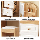 43" Makeup Vanity Desk with Mirror and Lights, & Power Outl, Glass Top Big Vanity Table with 9 Drawers& 8 Storage Shelves, Dressing Table Set with Chair for Bedroom, White+Oak Arulvmrn