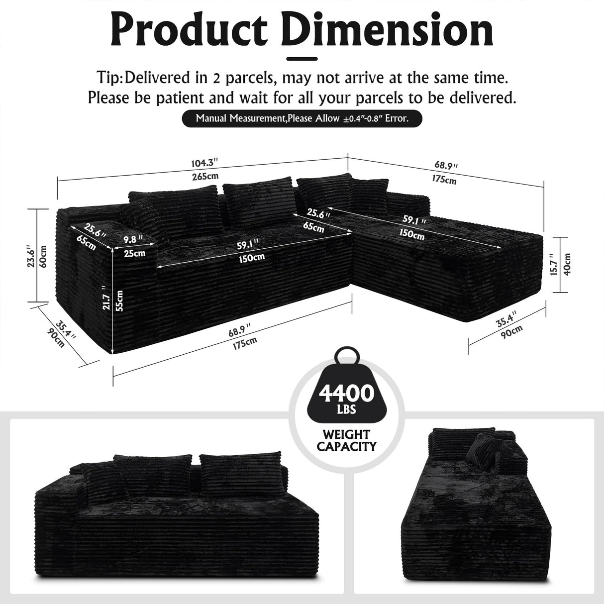 Boneless Modular Sectional Sofa, Cloud Couch with Right Facing Chaise, Oversized Deep Seat, L-Shaped, Soft Corduroy Fabric, Sectional Couch for Living Room -Black NMXUXMN