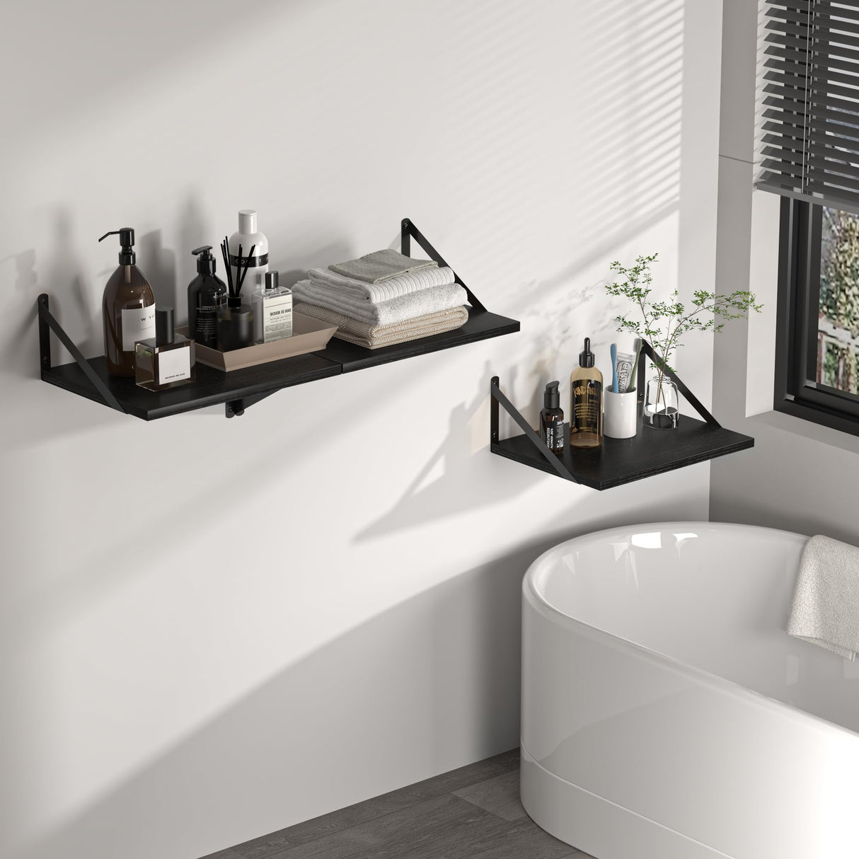 Heimlove Black Deep Floating Shelves for Wall, 16W x 12D Wood Wall Shelves Set of 2, Wide Floating Bookshelf for Living Room, Kitchen, Office, Bedroom and Decor Storage, with Metal Bracket - Black Heimlove