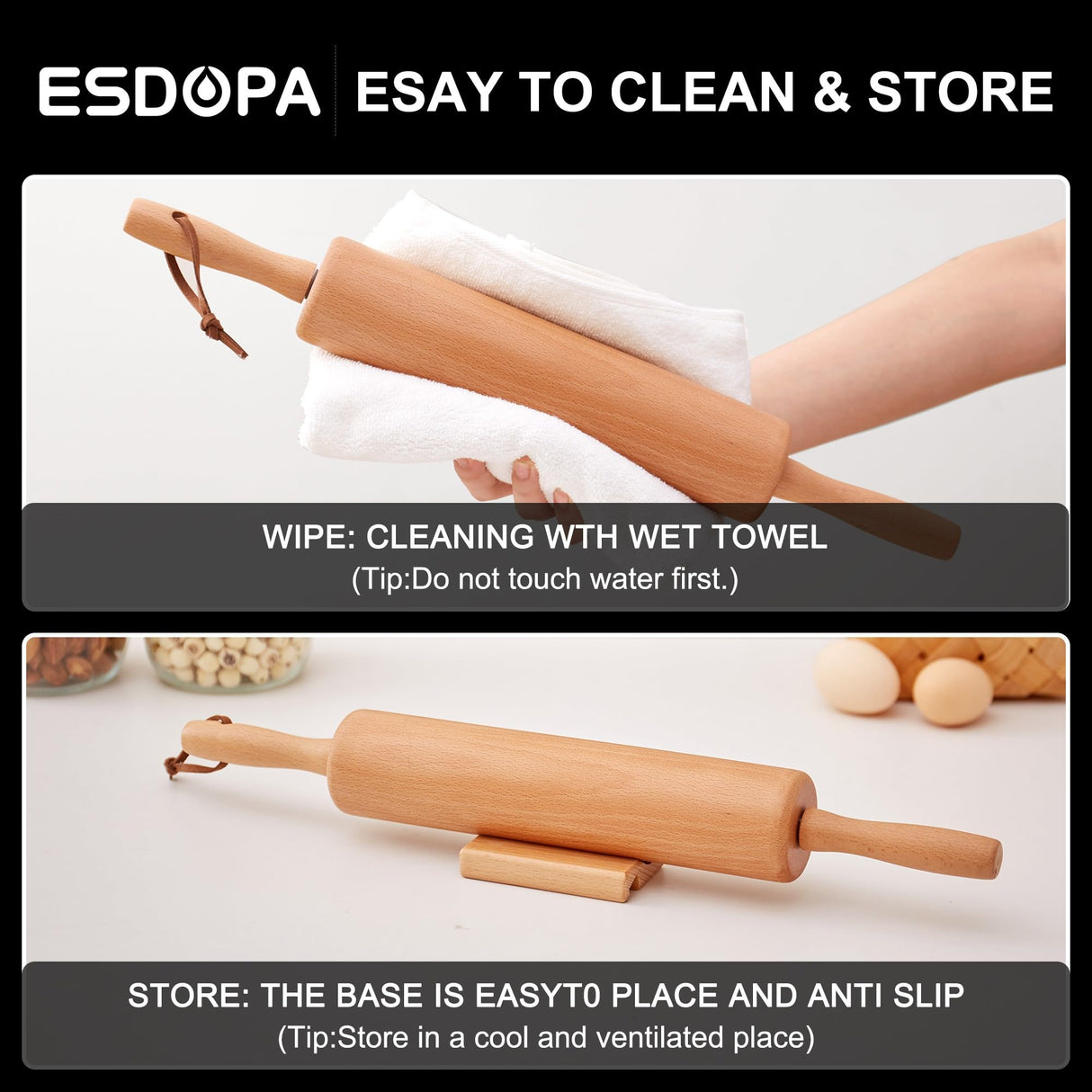 ESDOPA Classic Wood Rolling Pin - Wooden Rolling Pins for Baking Silicone Mat Set, Dough Roller with Wood Base, Fondant Roller for Pie Crust Cookies Pizza Dough and Bread, 17 Inch ESDOPA