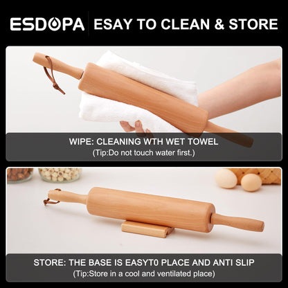 ESDOPA Classic Wood Rolling Pin - Wooden Rolling Pins for Baking Silicone Mat Set, Dough Roller with Wood Base, Fondant Roller for Pie Crust Cookies Pizza Dough and Bread, 17 Inch