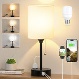 Small Bedside Table lamp for Bedroom - 3 Color Temperatures Bedside Lamps with USB C and A Ports, Pull Chain Table Lamps with AC Outlet, White Nightstand Lamps with Black Metal Base for Kids Reading Dicoool