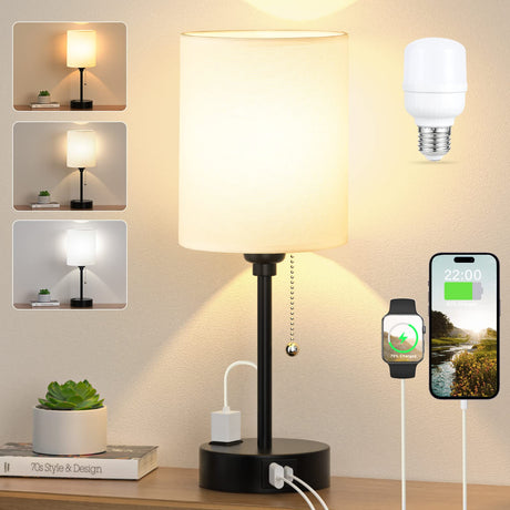 Small Bedside Table lamp for Bedroom - 3 Color Temperatures Bedside Lamps with USB C and A Ports, Pull Chain Table Lamps with AC Outlet, White Nightstand Lamps with Black Metal Base for Kids Reading Dicoool
