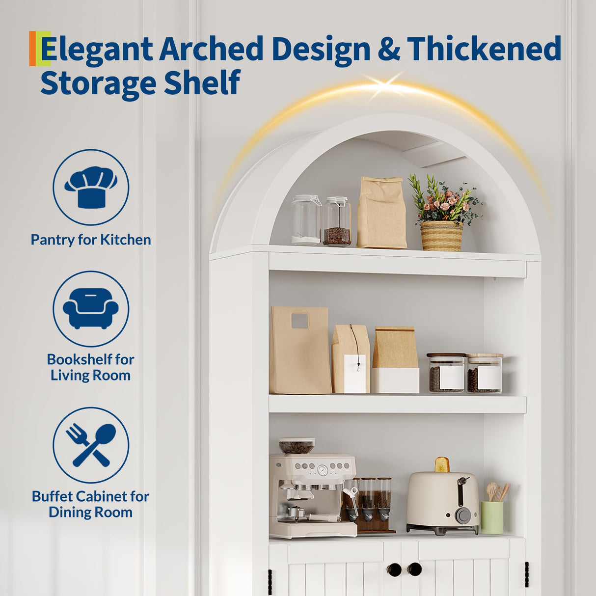 GarveeHome 72" Tall Arched Pantry Cabinet with Doors, 5-Tier Kitchen Pantry Cabinet with Adjustable Shelf & Black Handles, Wood Storage Cabinet for Dining Room, Kitchen, Living Room, White GarveeHome