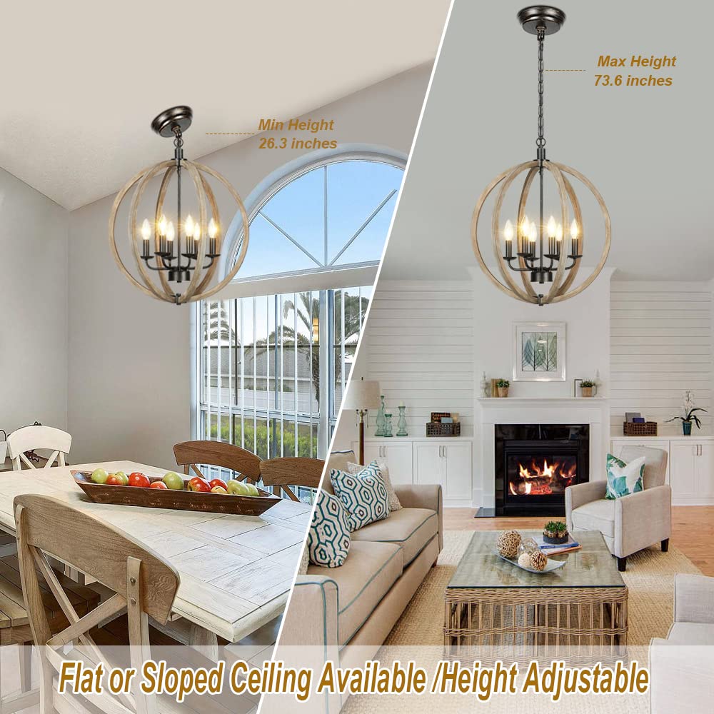 Derksic Orb 6-Light Farmhouse Chandelier 20" Rustic Vintage Wood Chandelier Wooden Globe Chandelier for Kitchen Island Living Room Dining Room Bedroom Foyer Stairwell, Brown Derksic