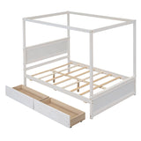 Full Size Canopy Bed with 2 Storage Drawers, 4-Post Wood Full Platform Bed Frame with Headboard, No Box Spring Needed (Full, Brushed White) Bellemave