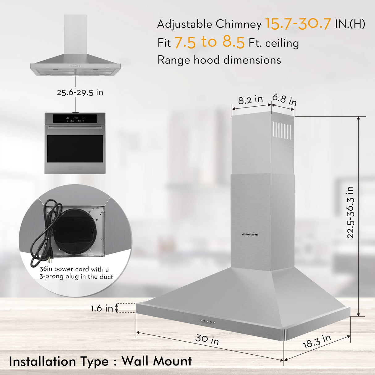 FIREGAS Wall Mount Range Hood 30 inch, 400 CFM Stainless Steel Stove Vent Hood with 3 Speed Exhaust Fan, Ducted/Ductless Convertible Duct kitchen hood, LED Lights, Push Button, Charcoal Filters FIREGAS