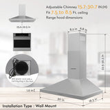 FIREGAS Wall Mount Range Hood 30 inch, 400 CFM Stainless Steel Stove Vent Hood with 3 Speed Exhaust Fan, Ducted/Ductless Convertible Duct kitchen hood, LED Lights, Push Button, Charcoal Filters FIREGAS