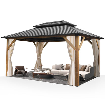 13' x 15' Wood Gazebo, Hardtop Gazebo with Double Roof Galvanized Steel Top, Outdoor Cedar Wooden Gazebo with Curtain & Netting for Garden, Patio, Deck, Backyard (13'×15') - WoodArtSupply