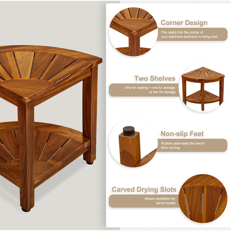 TEAKMAMA Teak Shower Bench 18” Shower Benches for Inside Shower Corner Bench Teak Shower Stool Seat Bathroom Bench with Storage Shelf, Assembly Required TEAKMAMA