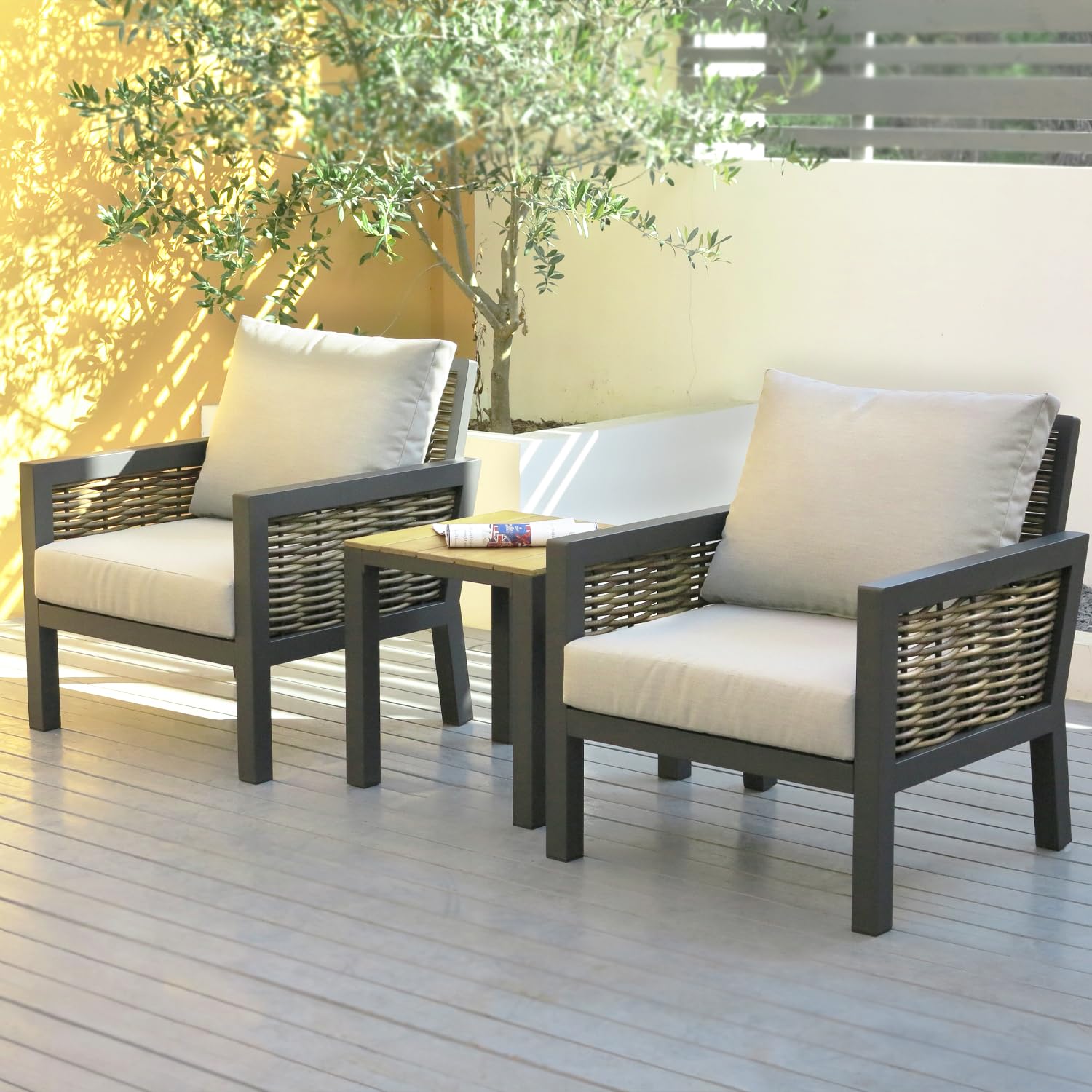 Yoneesn Courtyard Patio Furniture Set, 3-Piece Outdoor Bistro Set, Removable & Washable Deep Seating Cushion, Aluminum Patio Lounge Conversation Set Solid Wood Armrest & Table, Black & Beige - WoodArtSupply