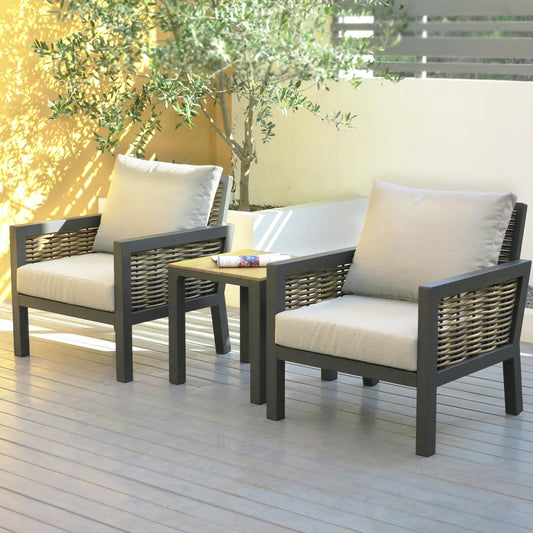 Yoneesn Courtyard Patio Furniture Set, 3-Piece Outdoor Bistro Set, Removable & Washable Deep Seating Cushion, Aluminum Patio Lounge Conversation Set Solid Wood Armrest & Table, Black & Beige