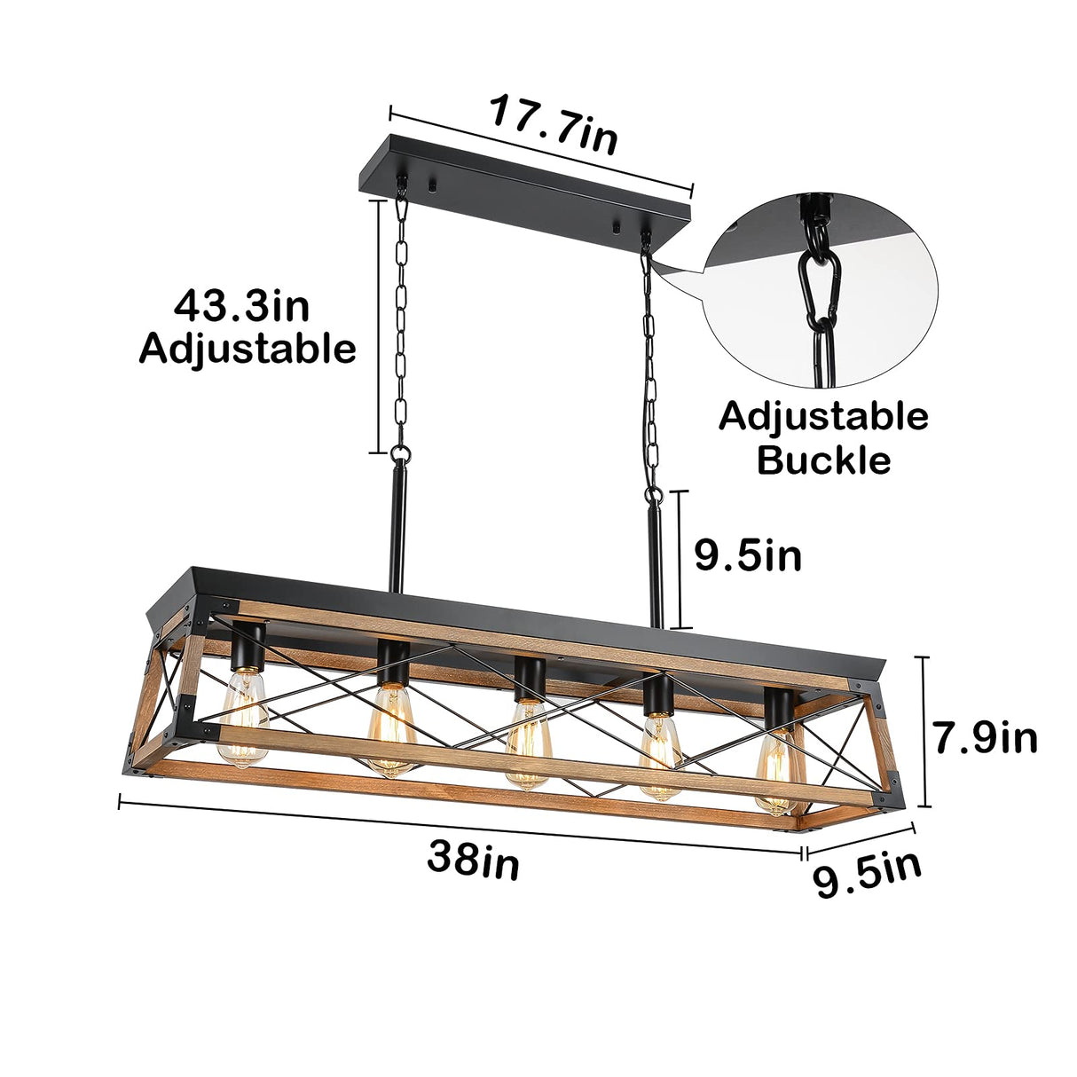 Airposta Farmhouse Rustic Wood Chandelier, 5 Lights Metal Rectangle Dining Room Swag Lighting, Kitchen Island Industrial Linear Cage Pendant Light Fixtures Hanging Lamp Airposta